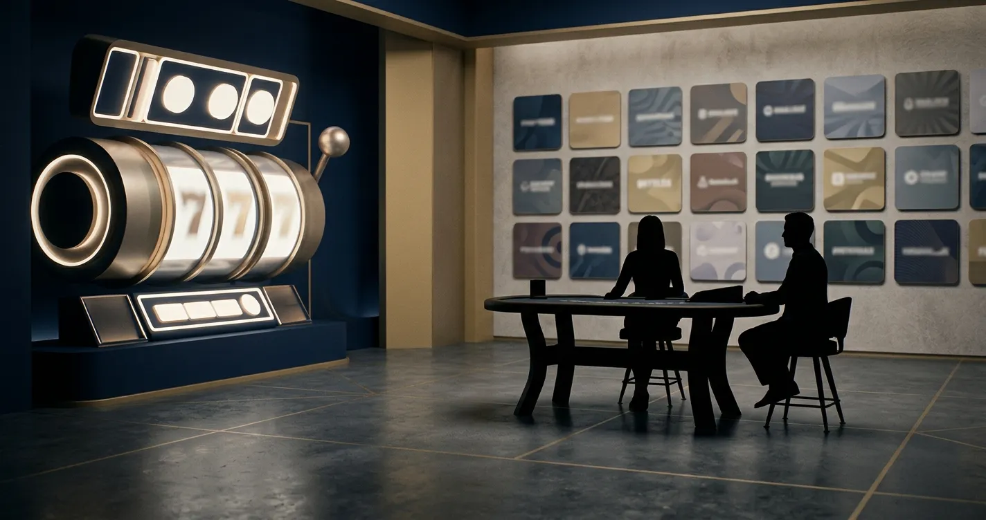 Illustration of a casino lobby with slot reels, live table cards and provider tiles