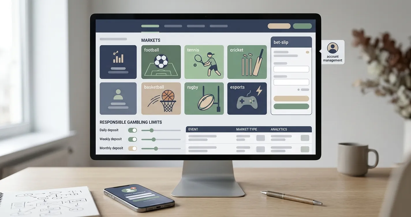 Betmaster sportsbook UK illustration with football, tennis and esports markets in an editorial dashboard
