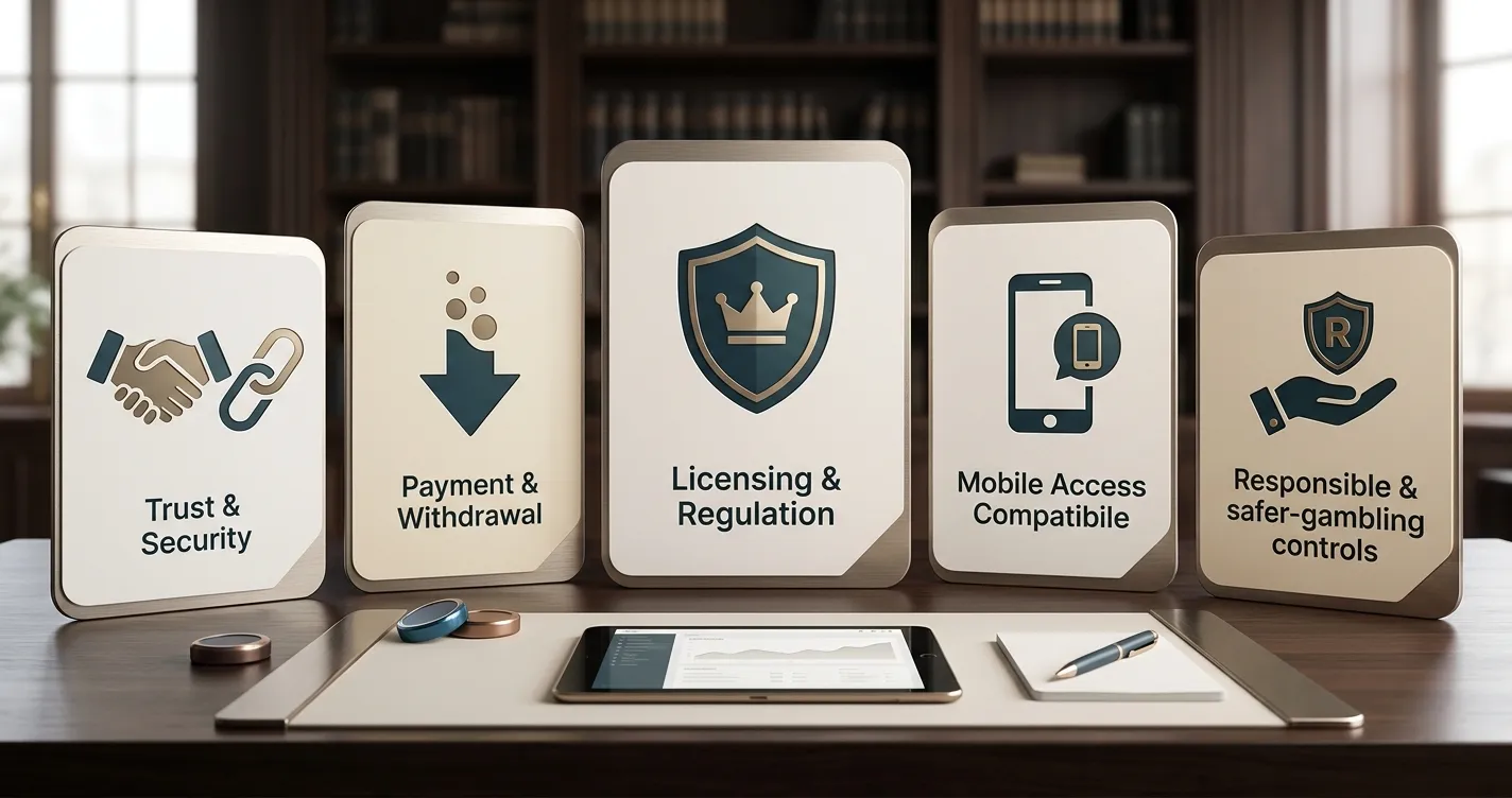 Editorial illustration of a UK casino review dashboard with payment and safety cues